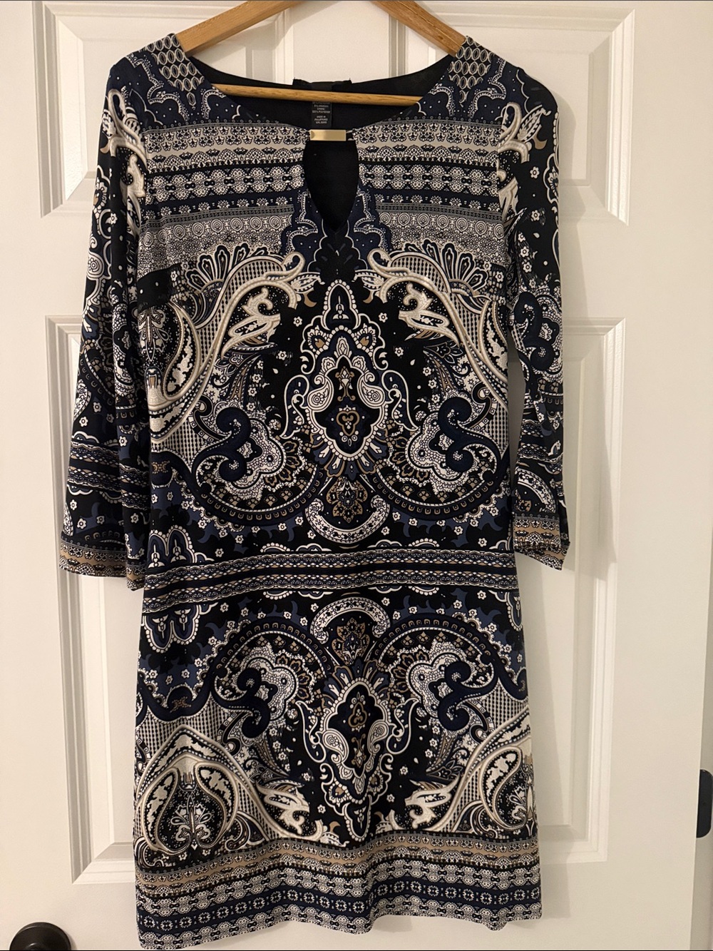 INC International Concepts Navy and Cream Paisley Long Sleeve Shift Dress